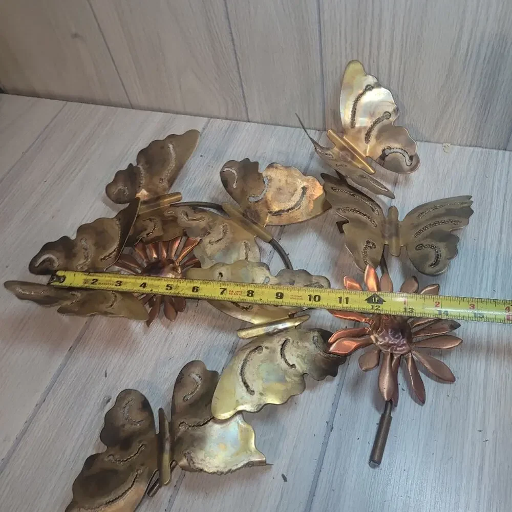 Vtg Brass Copper Butterfly & Daisy 2 Piece Gallery Wall Art Decor MCM Farmhouse